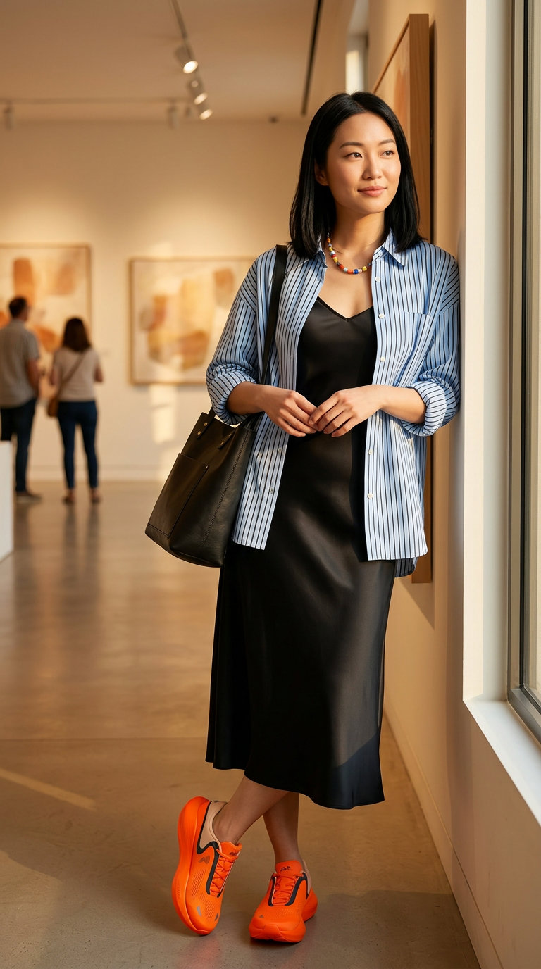 Black midi slip dress layered with an oversized blue and white striped shirt, colorful beaded necklace and bright orange sneakers for versatile every day summer outfits for women 2026.