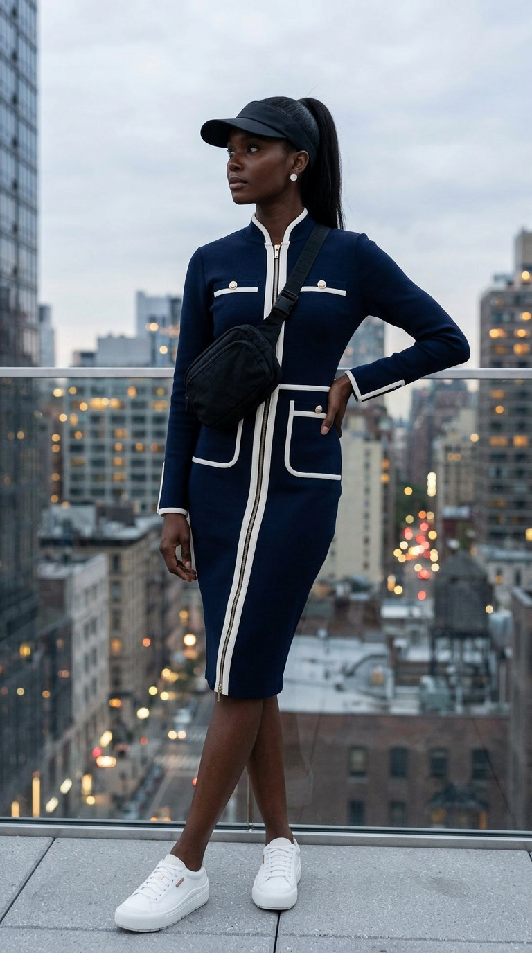 Athletic Chic Midi Dress: Versatile Summer Outfit 2026 A sleek and sporty deep navy midi bodycon dress with contrast piping, styled with optic white sneakers and a black belt bag. This modern versatile every day summer outfit for women 2026 is perfect for errands or a casual day out, combining comfort with athletic chic.