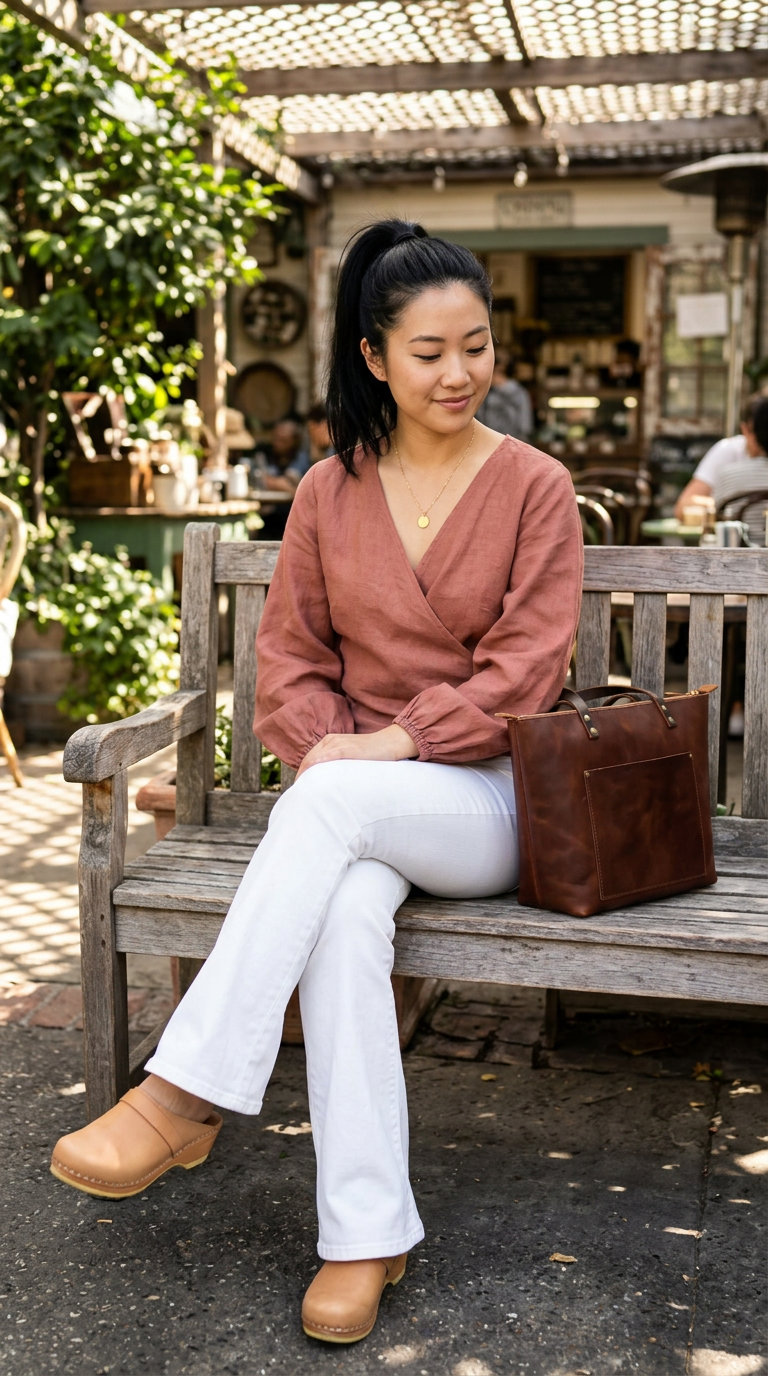 Boho-Chic Dinner: Versatile Summer Outfit 2026 A bohemian-inspired terracotta linen wrap top paired with high-waisted flared white jeans and tan leather clogs. This relaxed yet chic versatile every day summer outfit for women 2026 is perfect for dinner with friends or a casual date night, embodying a relaxed, free-spirited aesthetic.