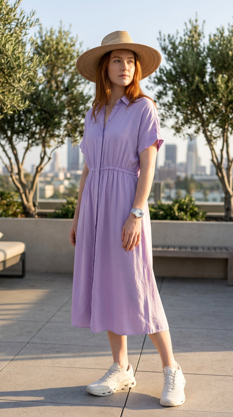 Dynamic Shirtdress: Versatile Summer Outfit 2026 A digital lavender oversized shirtdress styled with off-white technical knit sneakers and a straw hat. This sophisticated versatile every day summer outfit for women 2026 transitions seamlessly from office to outdoor dinner, balancing modern comfort with chic elegance.