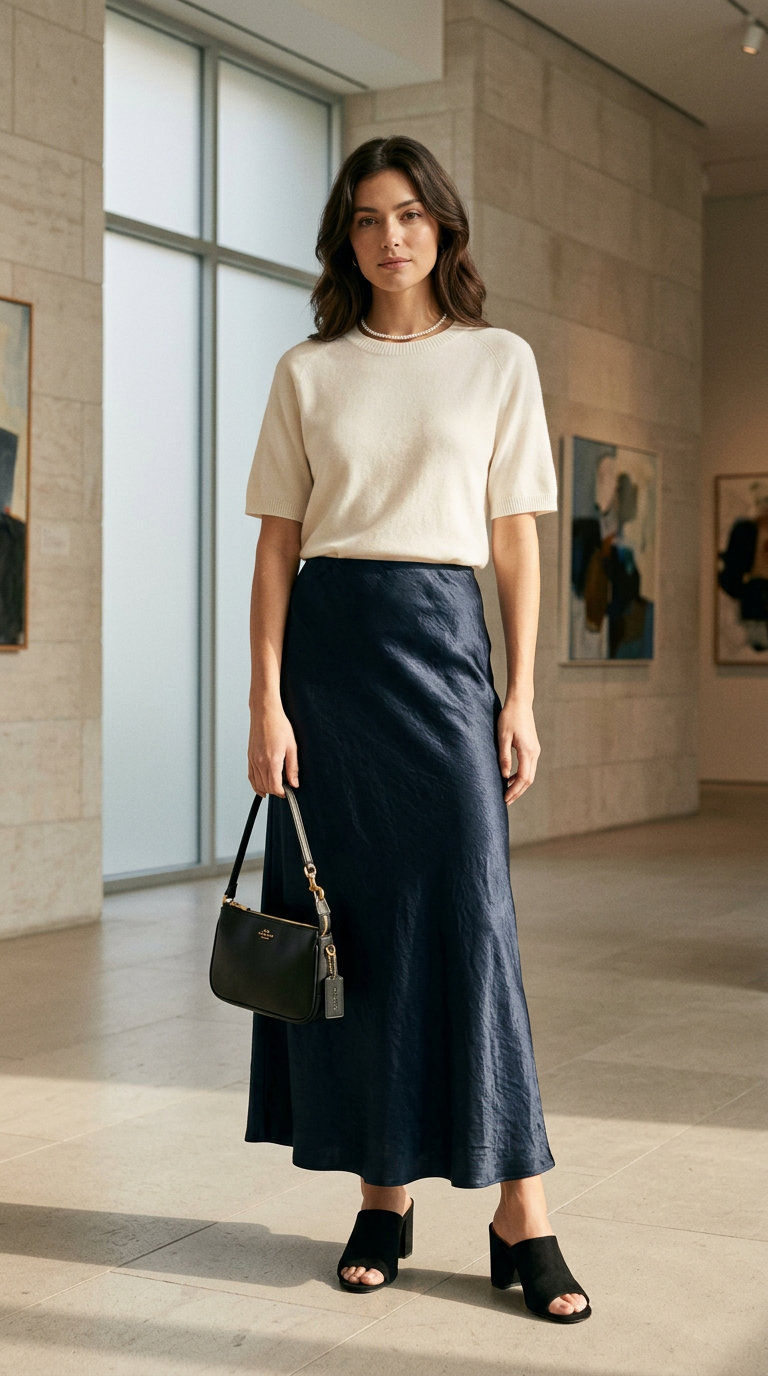 Sunset Slip Date Night: Versatile Summer Outfit 2026 A romantic deep navy satin slip skirt paired with a cream cashmere tee and black block-heel mules. This elegant versatile every day summer outfit for women 2026 is ideal for a date night or evening event, exuding a sensual and sophisticated mood with a pearl choker.