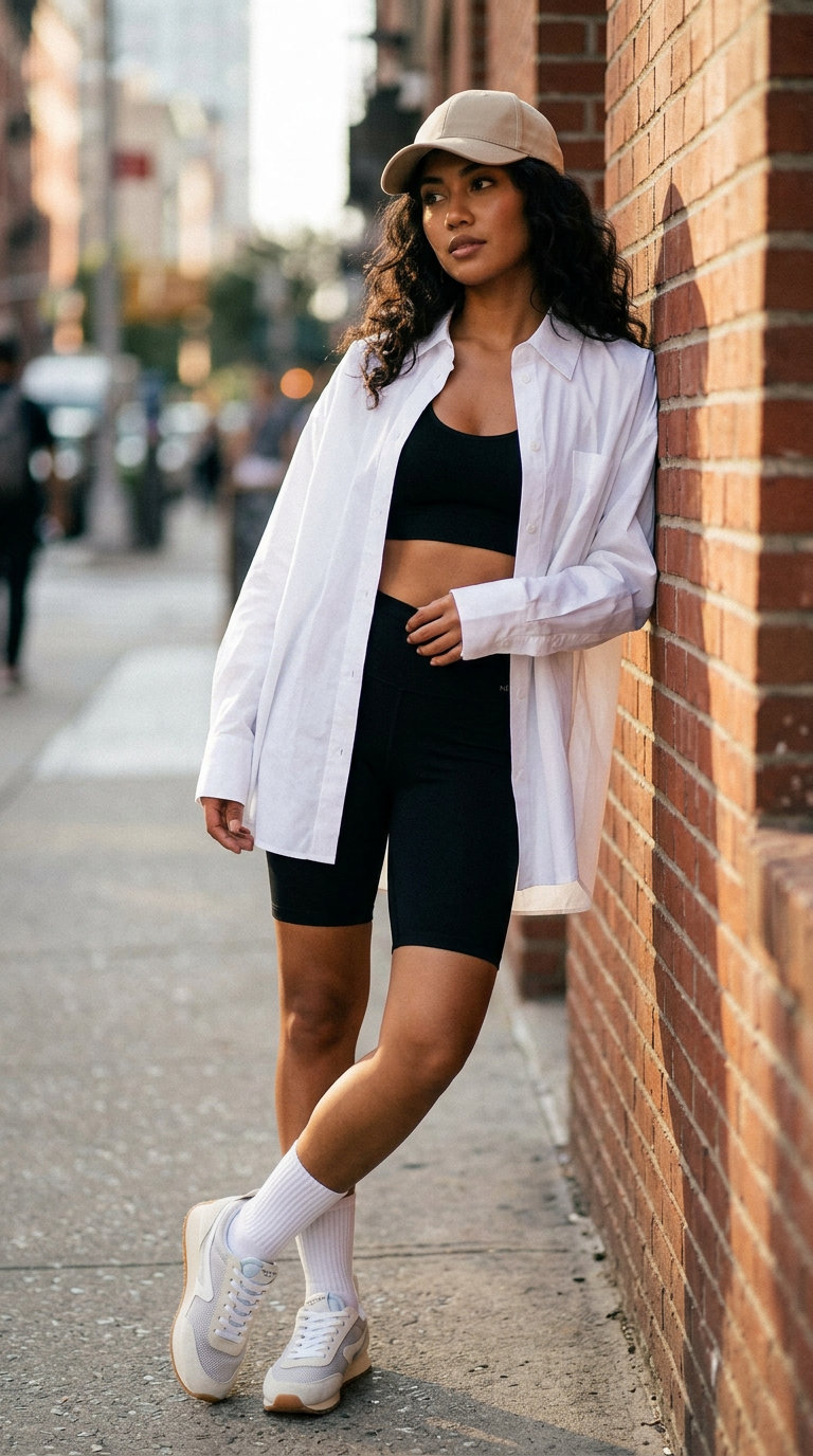 Urban Safari: Versatile Everyday Summer Outfit 2026 A sporty black, white, and khaki outfit featuring biker shorts, an oversized poplin shirt, and retro sneakers. This versatile everyday summer outfit for women 2026 is perfect for a casual day out or morning coffee, offering comfort and edgy style.
