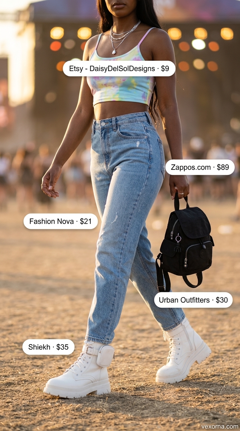 Vintage jean outfits summer for women 2026: 90s festival vibe with mom jeans, tie-dye top, platform boots & mini backpack.