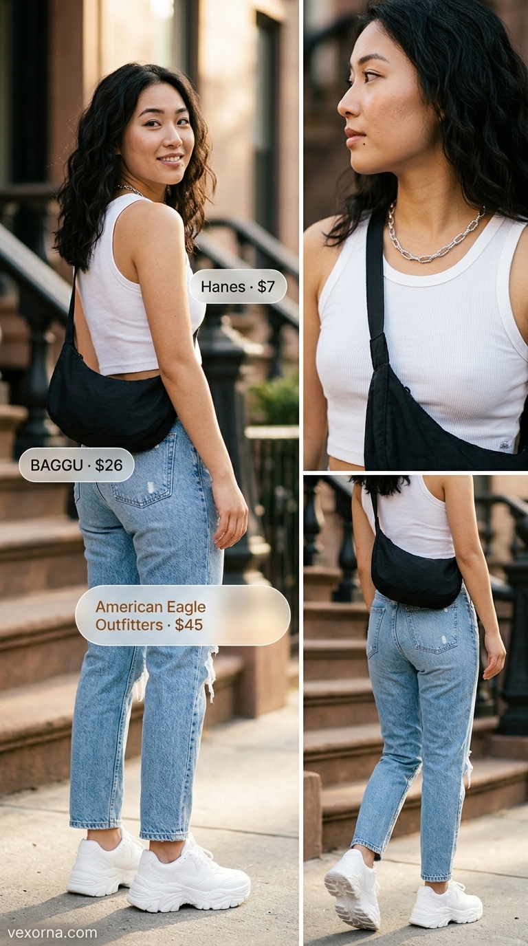 Vintage jean outfits summer for women 2026: 90s mom jeans with crop tank, platform sneakers & shoulder bag.