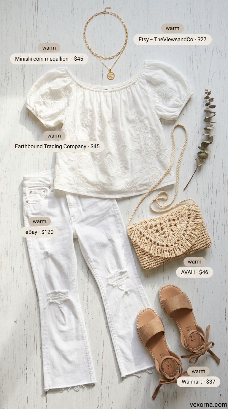 Vintage jean outfits summer for women 2026: Boho festival look with white wide leg jeans & embroidered peasant top.