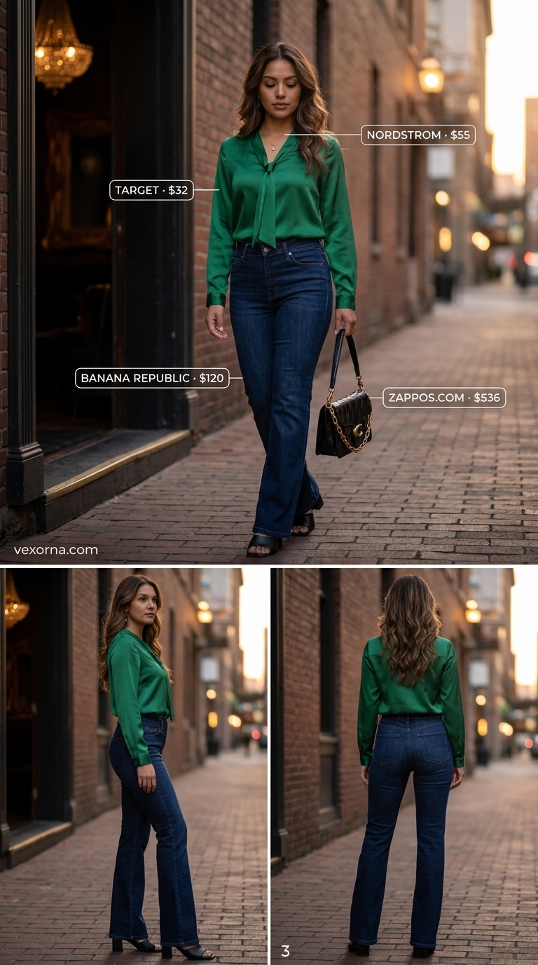 Vintage jean outfits summer for women 2026: Bootcut jeans with emerald green pussy-bow blouse & block heels.