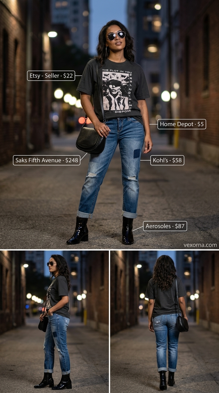 Vintage jean outfits summer for women 2026: Boyfriend jeans with band tee, leather boots & aviators.