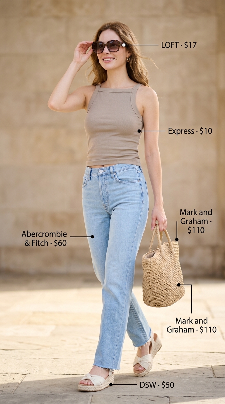 Vintage jean outfits summer for women 2026: Cali cool with light wash jeans, ribbed tank, straw tote & espadrilles.