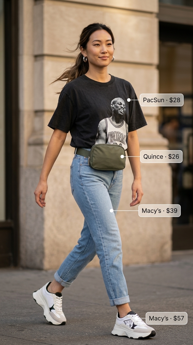 City street stroll outfit with light wash boyfriend jeans, olive green belt bag, and graphic tee for women 2026.