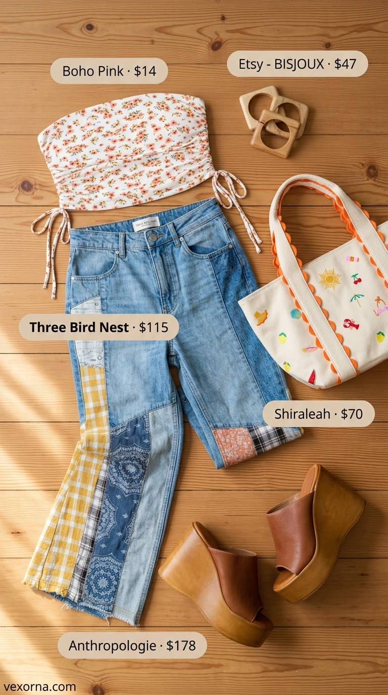 Eclectic art walk outfit with mixed-wash patchwork jeans, coral floral tube top, and wooden platform slides for women 2026.