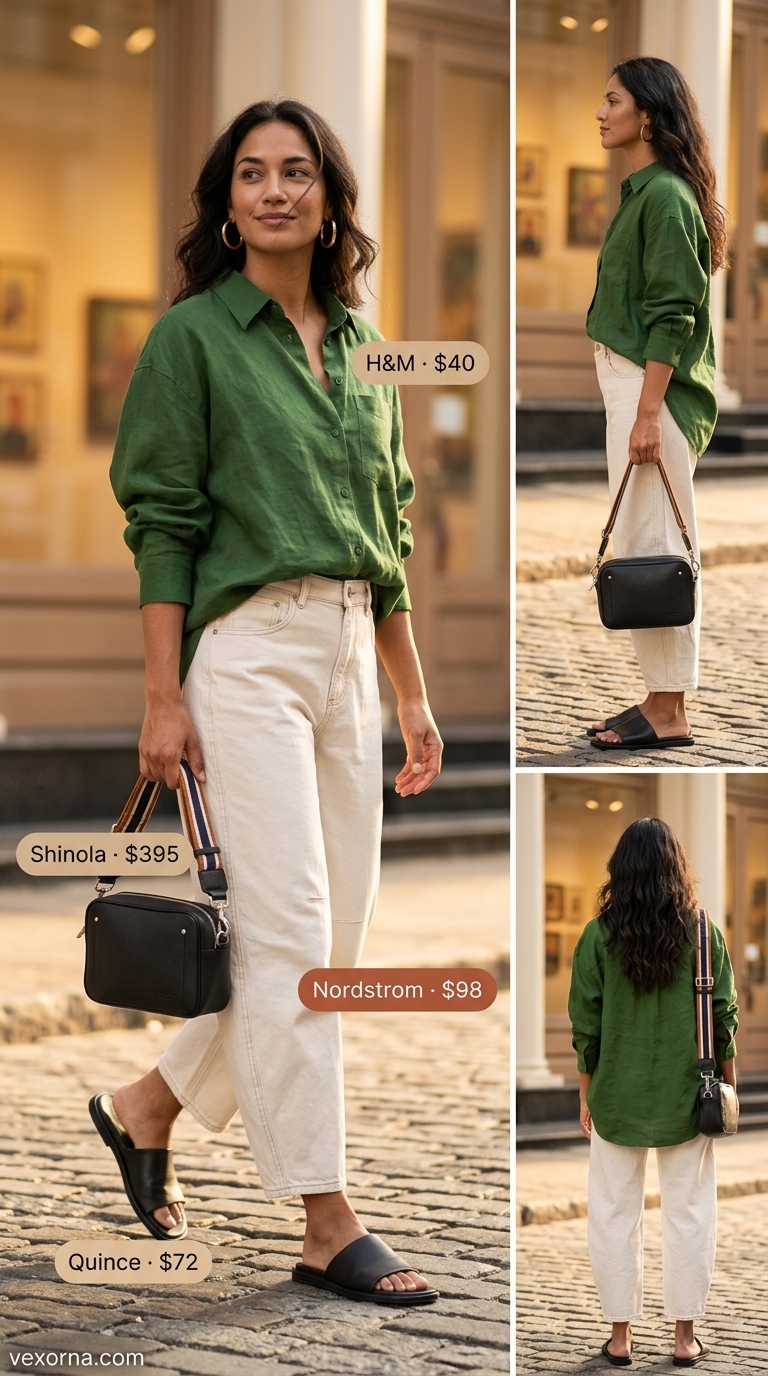 Vintage jean outfits summer for women 2026: Ecru barrel leg jeans with oversized linen shirt & leather slides.