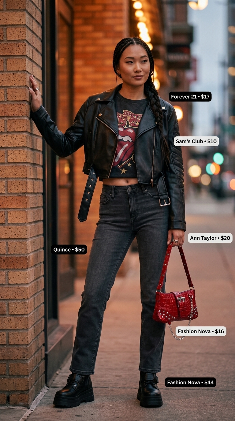 Edgy downtown nights outfit with faded black slim jeans, moto jacket, and cherry red shoulder bag for women 2026.