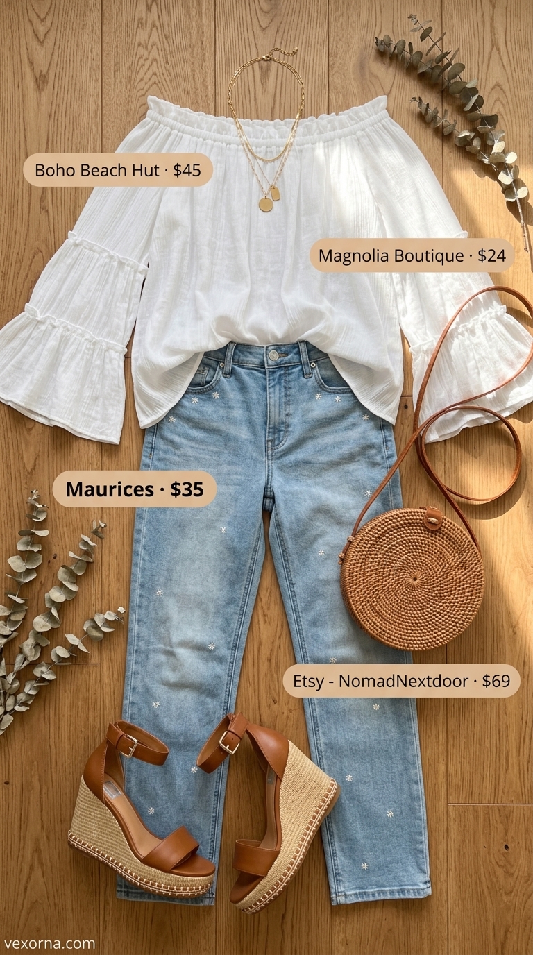 Vintage jean outfits summer for women 2026: Embroidered denim with peasant blouse & espadrilles for art fairs.