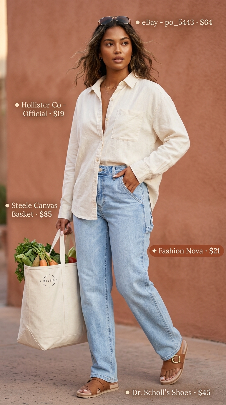 Farmers market explorer outfit with cuffed carpenter jeans, oversized linen shirt, and canvas tote for women 2026.