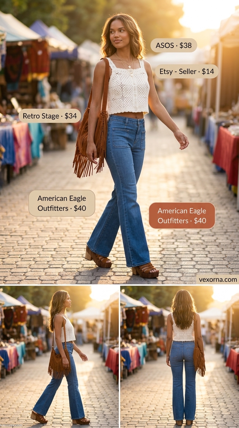 Vintage jean outfits summer for women 2026: Flared jeans with crochet crop top & suede platform sandals.