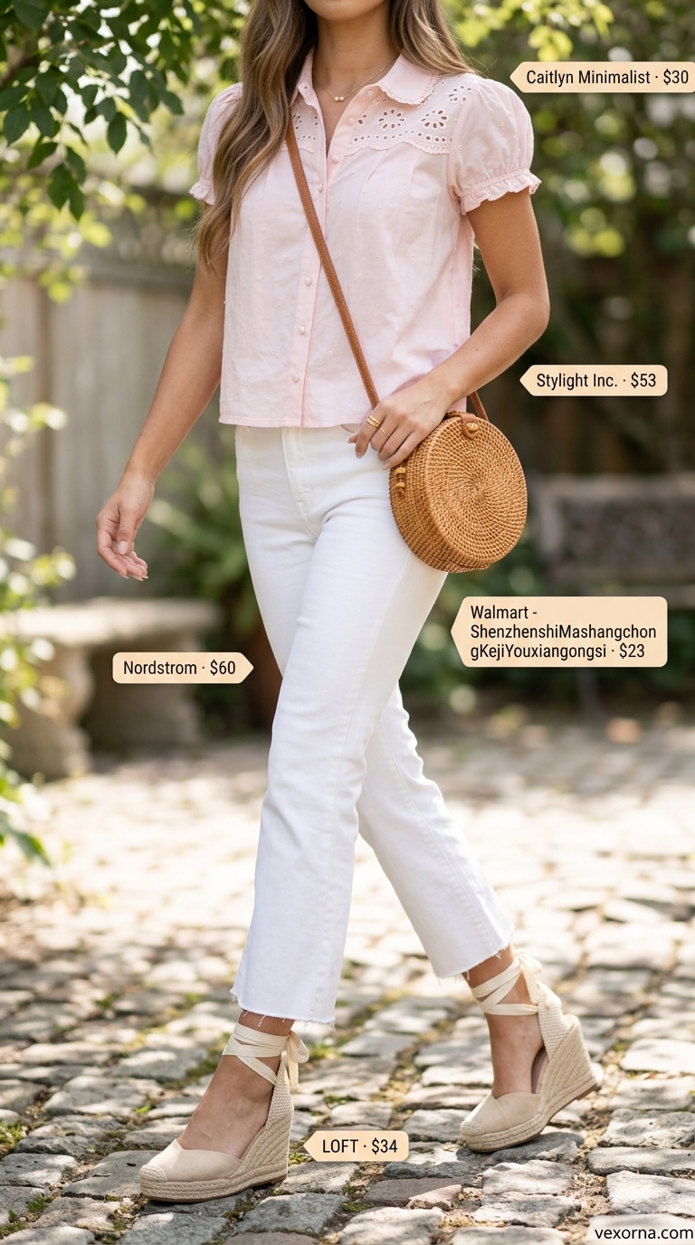 Garden party chic outfit with high-rise cropped flare jeans, pastel pink eyelet blouse, and straw crossbody for women 2026.