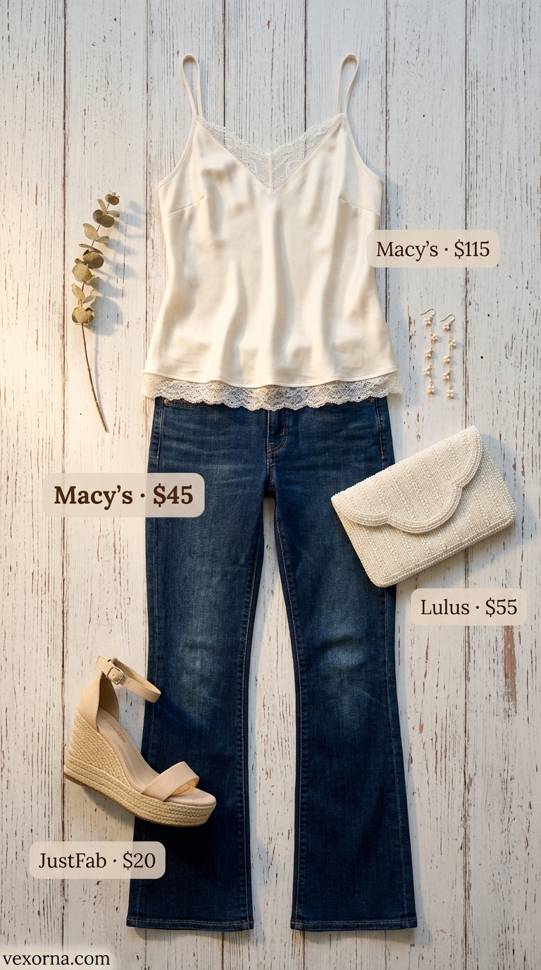 Garden party romance outfit with high-rise dark wash flare jeans, dusty rose wedges, and pearl earrings for women 2026.