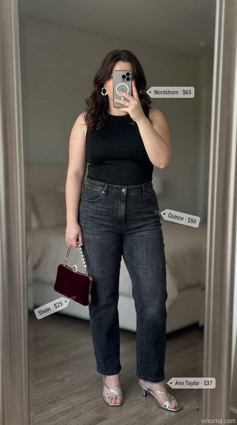 Vintage jean outfits summer for women 2026: Glamorous date night with straight leg jeans, emerald cami & strappy heels.