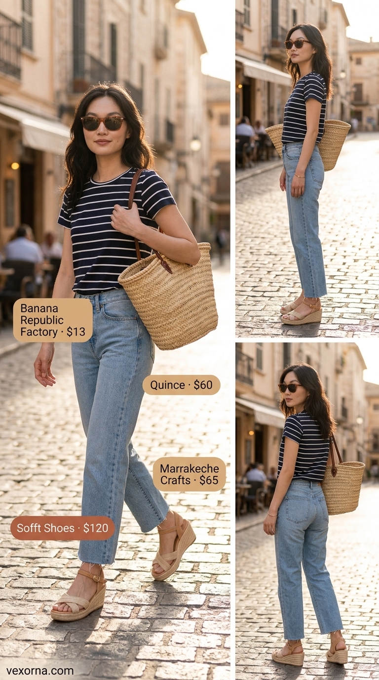 Vintage jean outfits summer for women 2026: Light wash jeans with striped knit top & espadrille wedges.