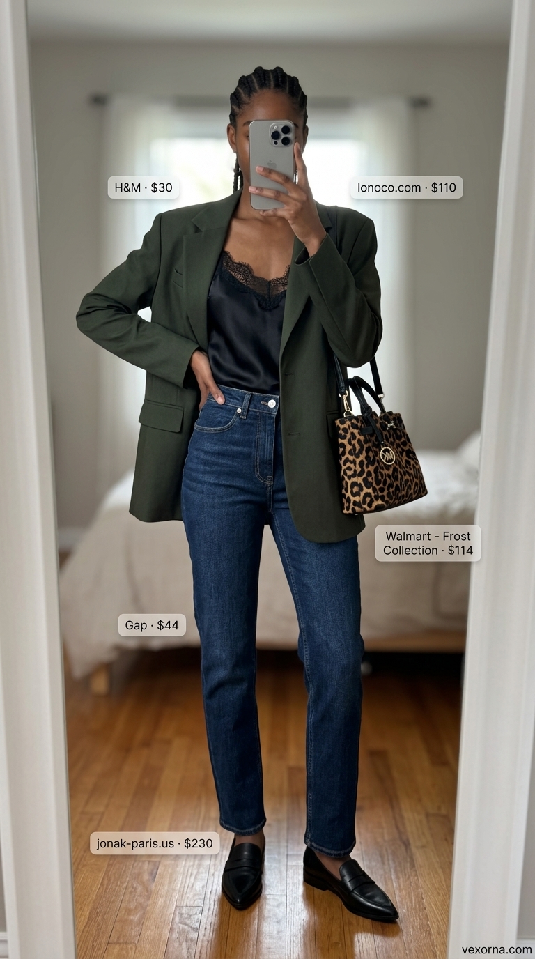 Vintage jean outfits summer for women 2026: Office chic with slim jeans, blazer, cami, loafers & satchel bag.