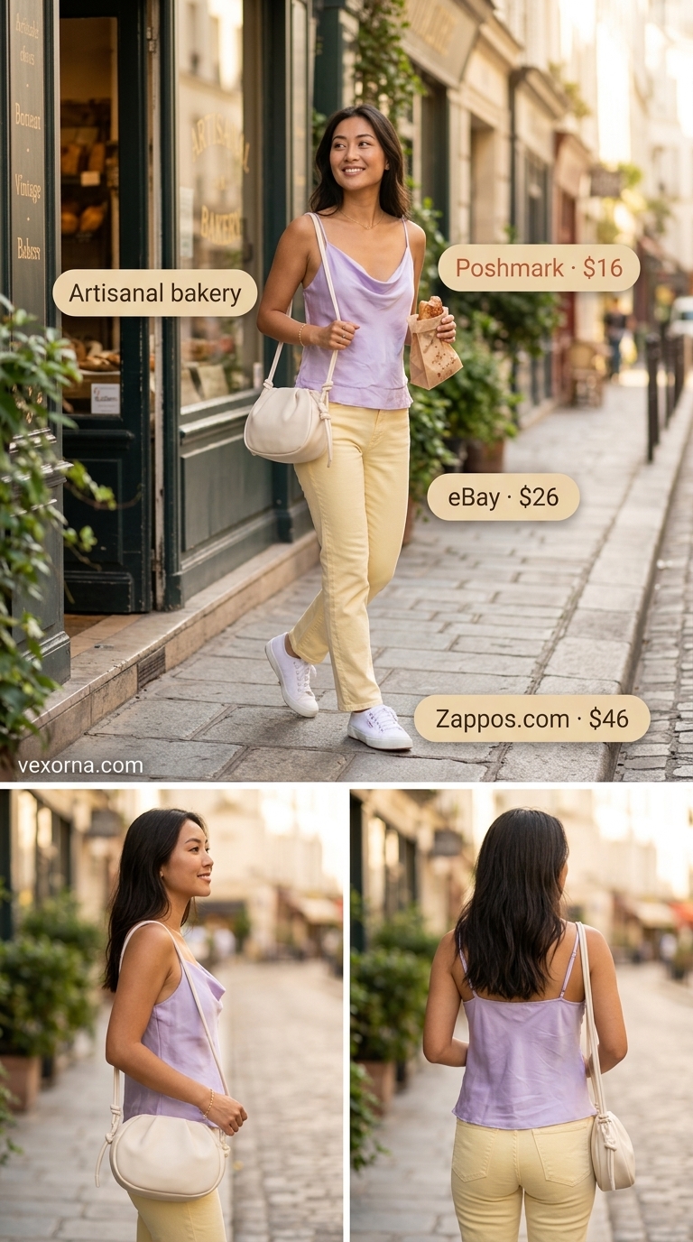 Vintage jean outfits summer for women 2026: Pale yellow jeans with lavender camisole & white sneakers.