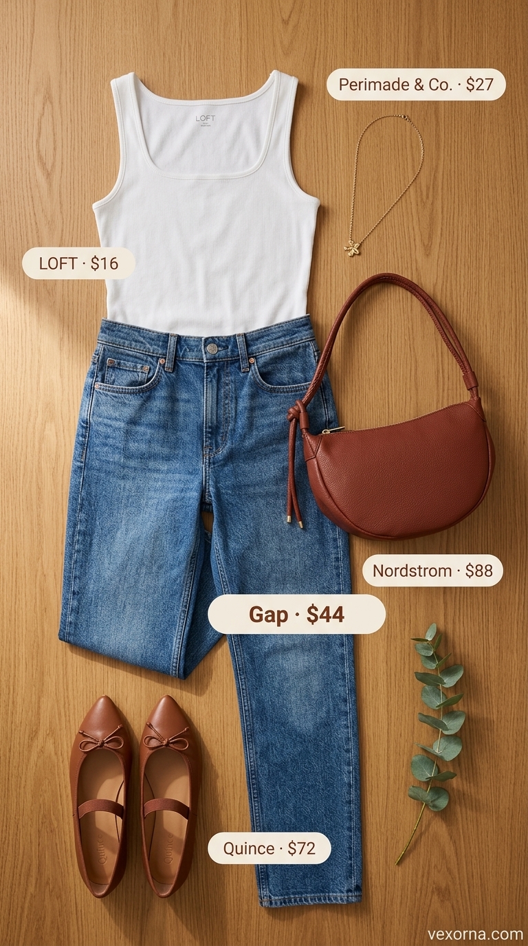 Chic Parisian cafe outfit with high-rise dark wash slim jeans, ivory silk camisole, rust ballet flats for women 2026.