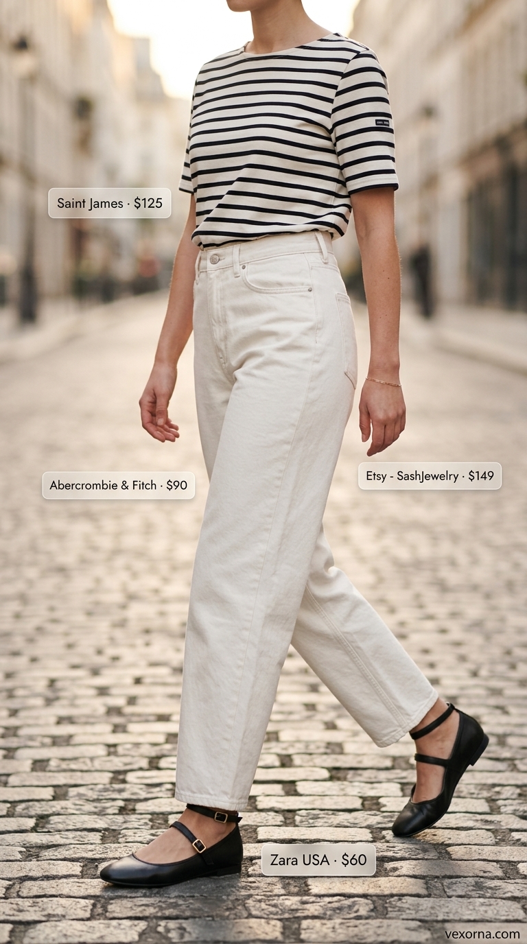 Vintage jean outfits summer for women 2026: Parisian chic with ecru barrel jeans, Breton tee, ballet flats & shoulder bag.
