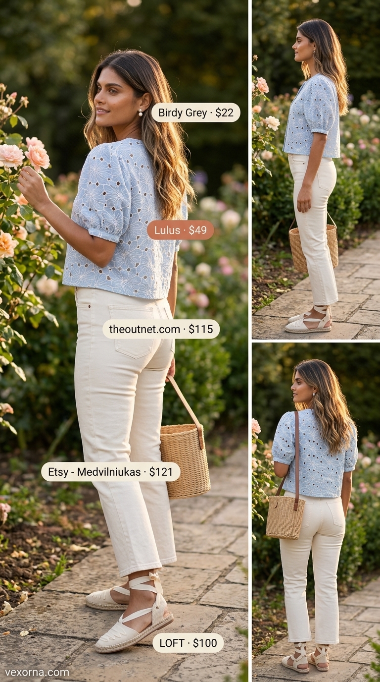 Picnic in Provence outfit with cream cropped flare jeans, sky blue eyelet top, and wicker basket bag for women 2026.