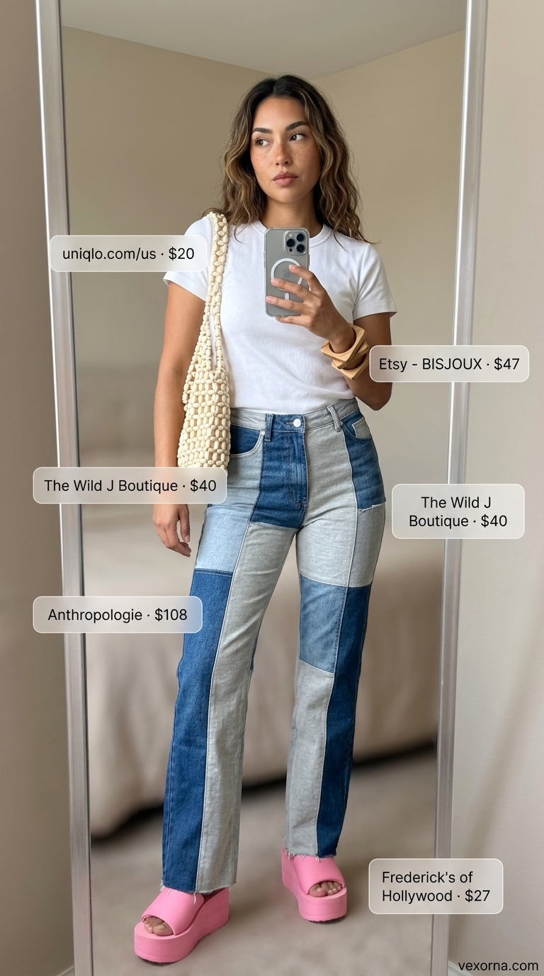 Vintage jean outfits summer for women 2026: Playful patchwork jeans, white tee, chunky sandals & wooden tote bag.