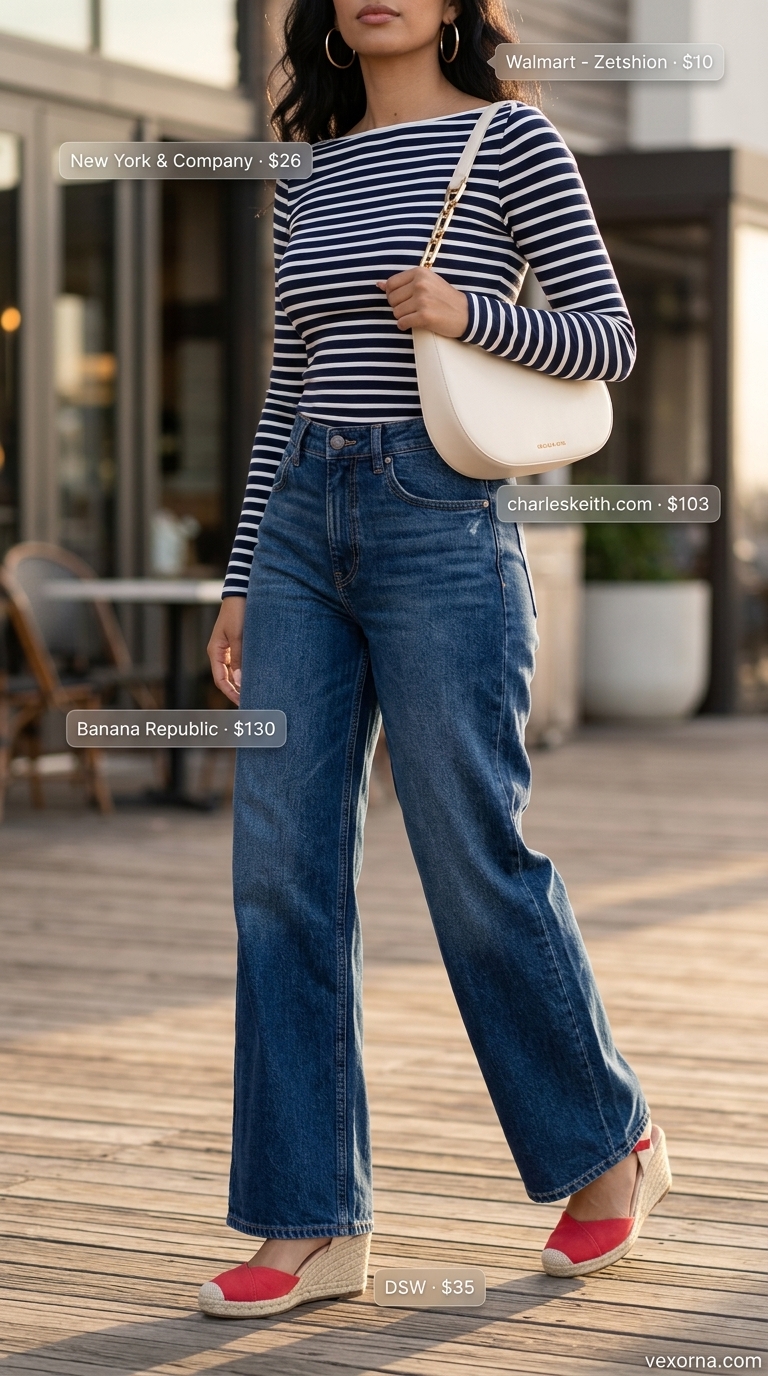 Vintage jean outfits summer for women 2026: Chic Riviera look with wide leg jeans, striped top, espadrilles & crossbody bag.