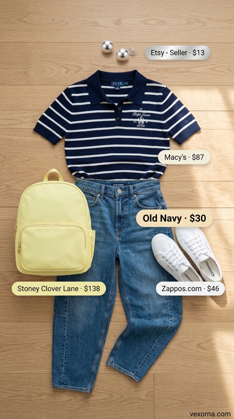 Retro summer fun outfit with barrel leg jeans, pastel yellow polo shirt, and canvas sneakers for women 2026.