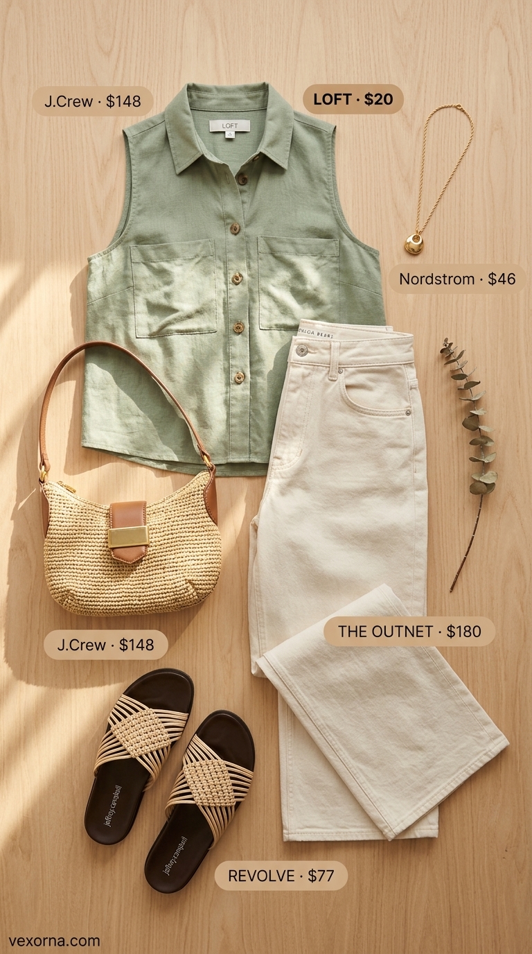 Vintage jean outfits summer for women 2026: Riviera style with wide-leg jeans, sage linen shirt, straw bag & flat sandals.
