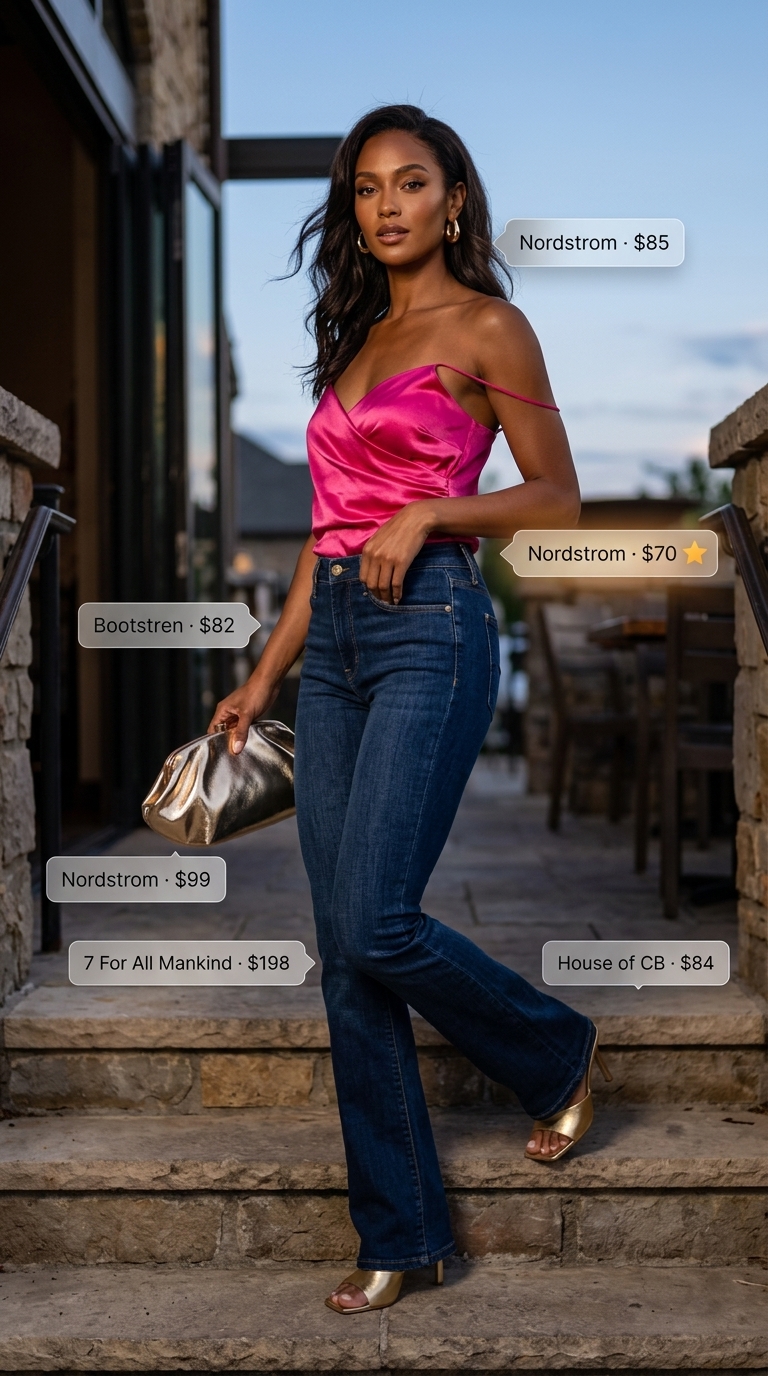 Sophisticated summer soiree outfit with dark indigo bootcut jeans, fuchsia silk camisole, and gold mules for women 2026.