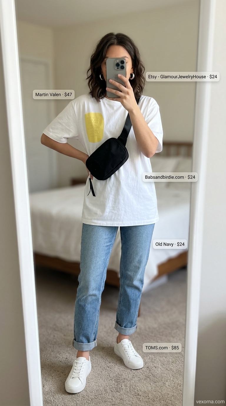 Vintage jean outfits summer for women 2026: Sporty Spice look with boyfriend jeans, graphic tee, belt bag & sneakers.