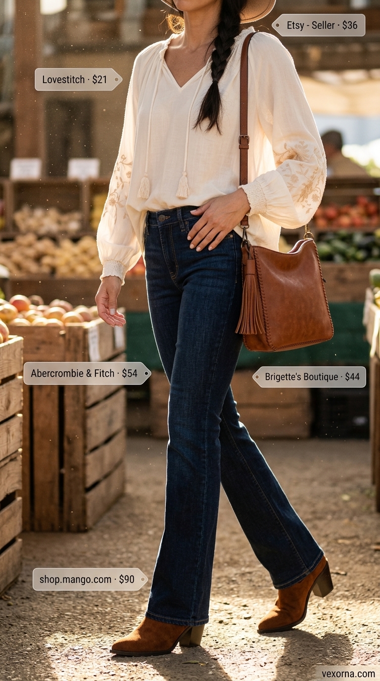 Vintage jean outfits summer for women 2026: Earthy peasant blouse, bootcut jeans, suede hat & boots for a weekend getaway.