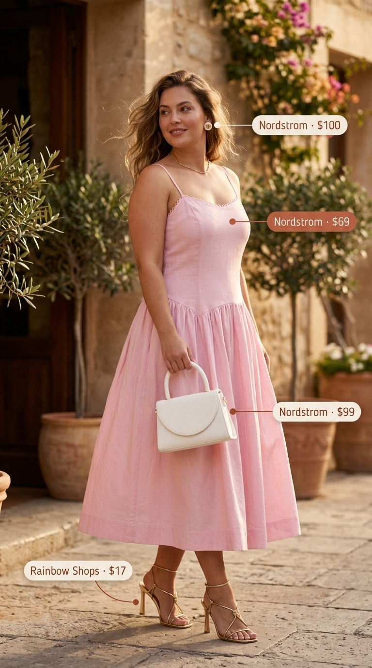 Waist defining curvy outfit summer 2026: Blush pink linen dress, gold sandals, pearl earrings, and clutch.