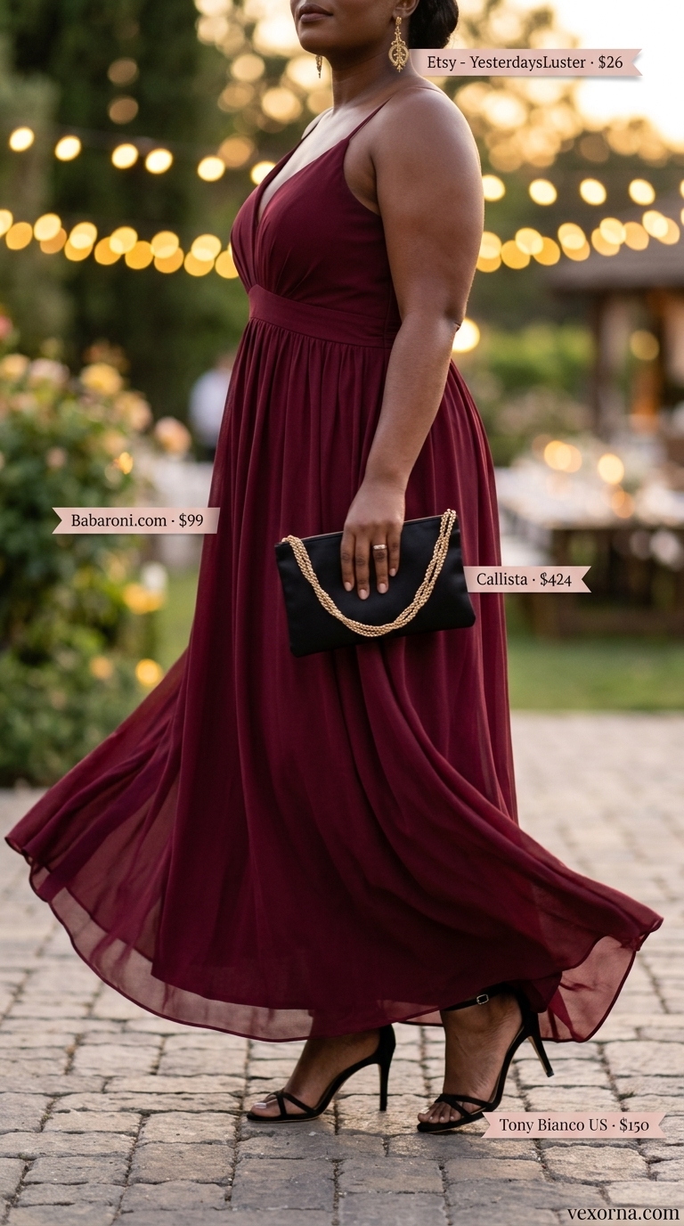 Deep burgundy maxi dress with gold earrings, a waist defining curvy outfit summer 2026 for evening events.