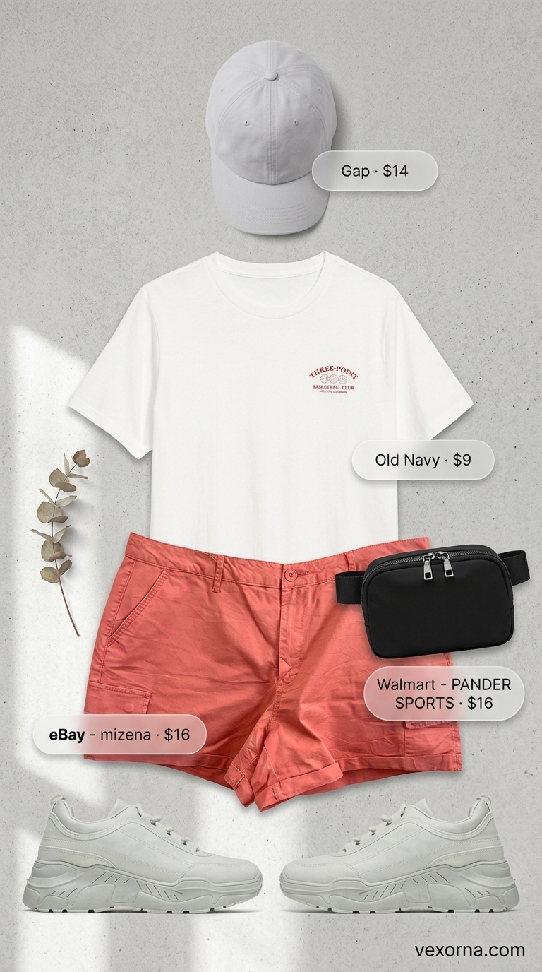 Waist defining curvy outfit summer 2026: Coral cargo shorts, white graphic tee, grey sneakers, and belt bag for errands.