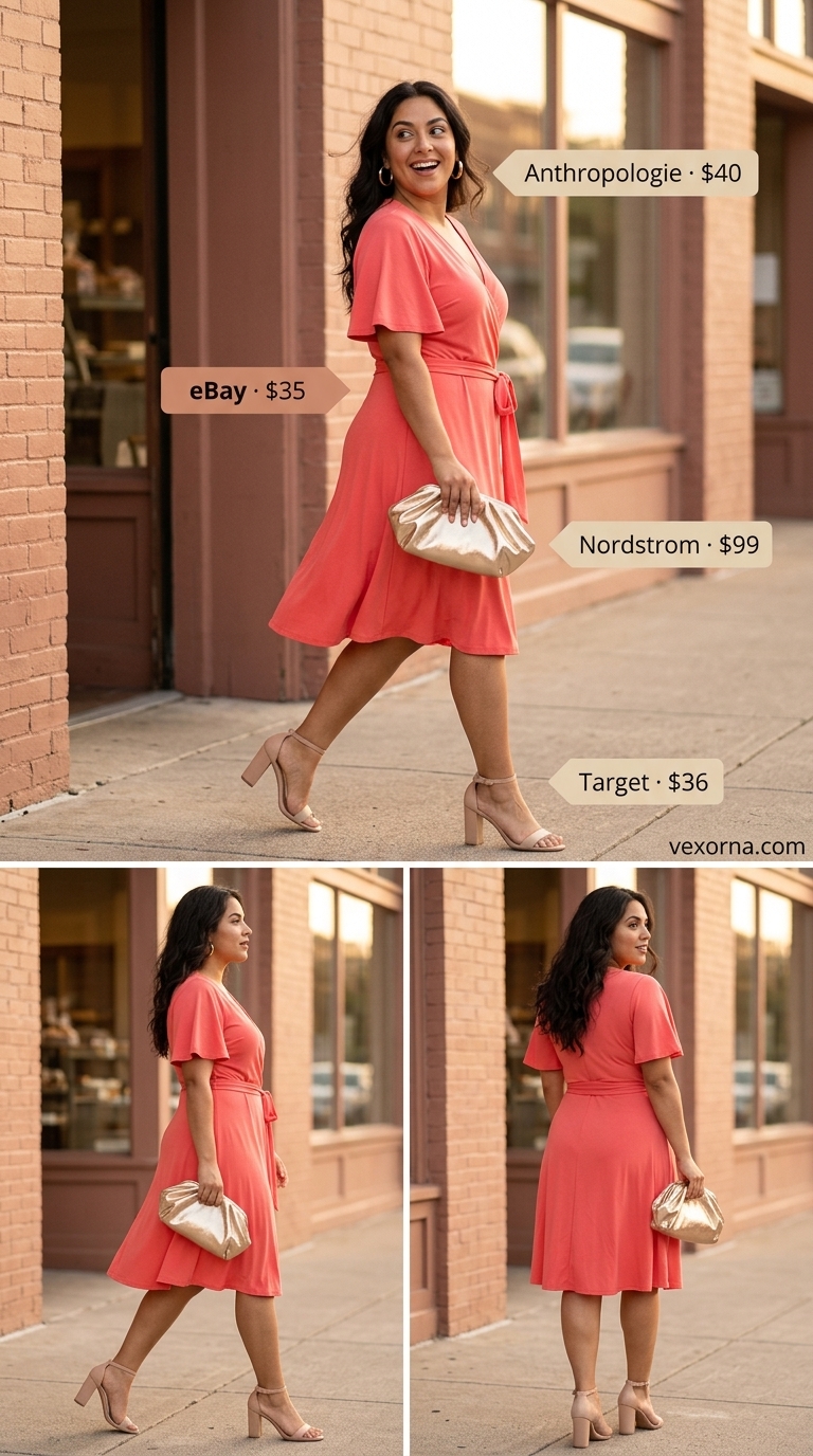 Waist defining curvy outfit summer 2026: Coral wrap dress with block heels & clutch for wedding guest.
