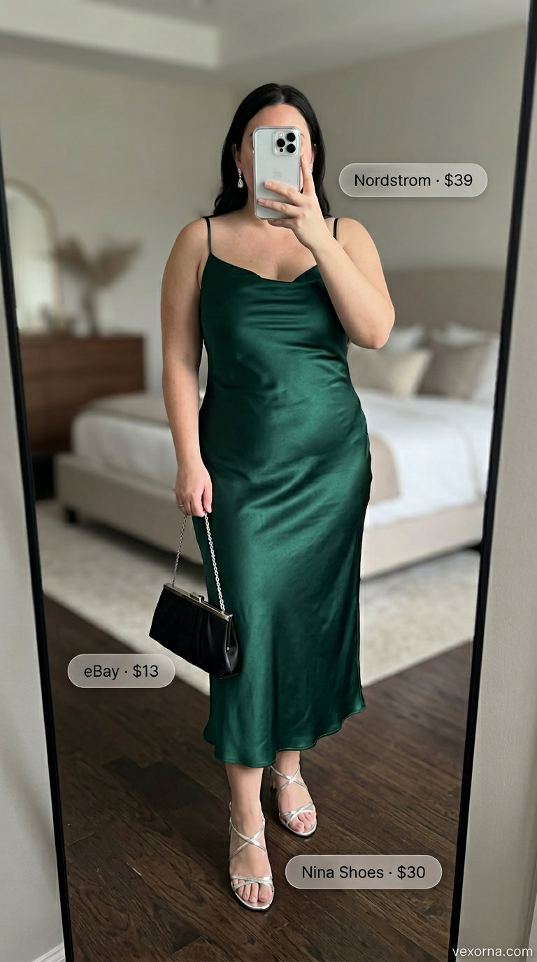 Emerald green satin slip dress with silver sandals, a waist defining curvy outfit summer 2026 for cocktails.