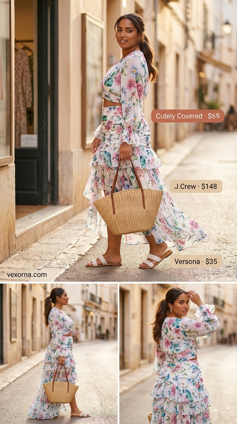 Floral print maxi skirt set with bandeau top, a waist defining curvy outfit summer 2026 for beach.