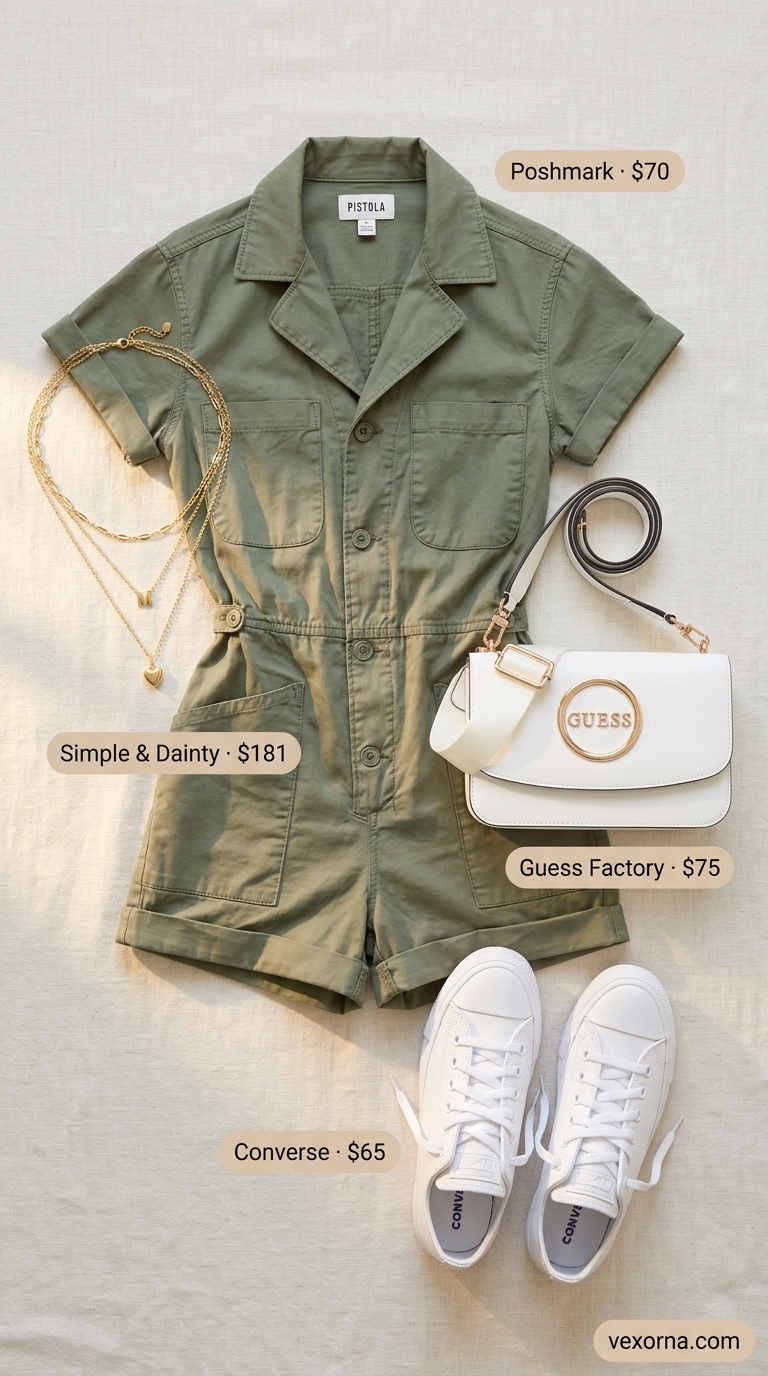 Waist defining curvy outfit summer 2026: Khaki utility romper with belt, white sneakers, and gold layered necklaces.