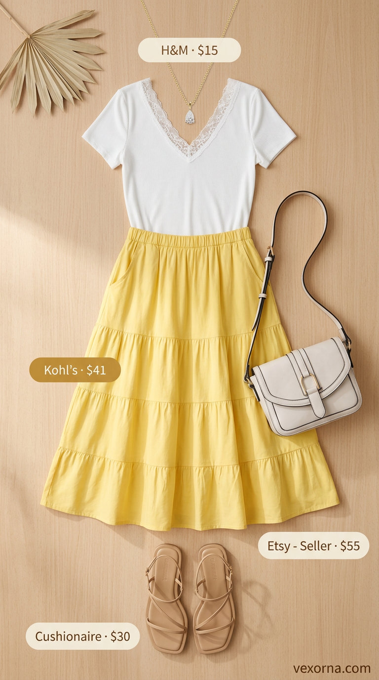 Waist defining curvy outfit summer 2026: Lemon midi skirt with white top & crossbody bag for brunch.