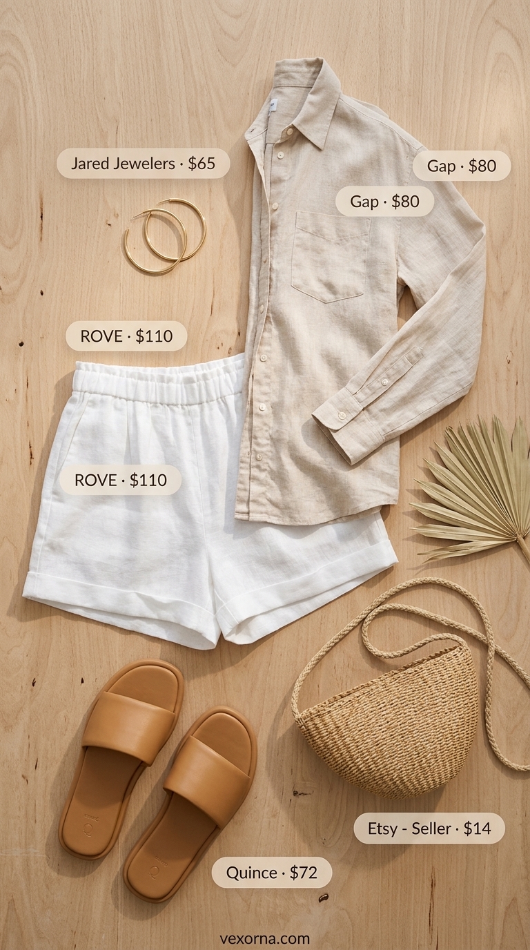 Waist defining curvy outfit summer 2026: Linen shorts & oversized shirt for beach resort.