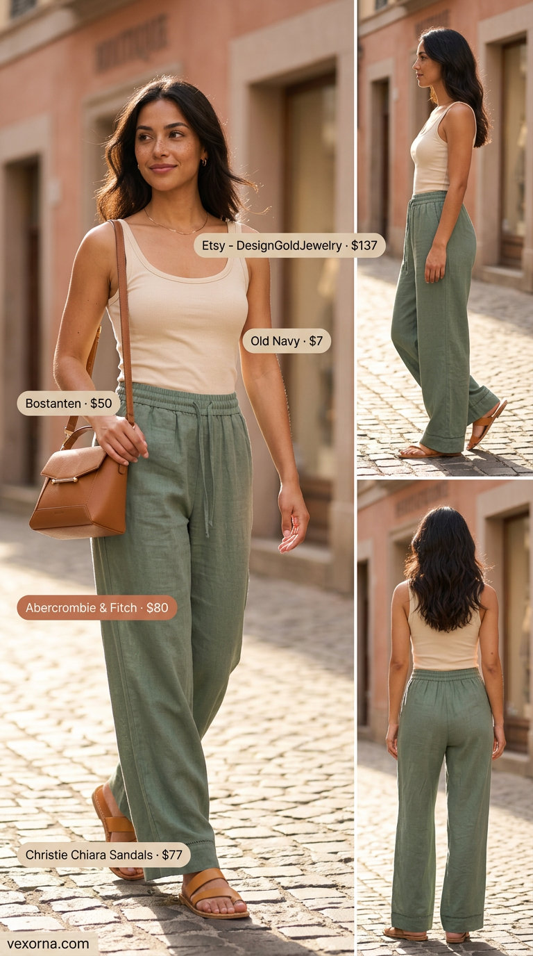 Sage green linen wide-leg pants with cream tank, a waist defining curvy outfit summer 2026 for casual days.