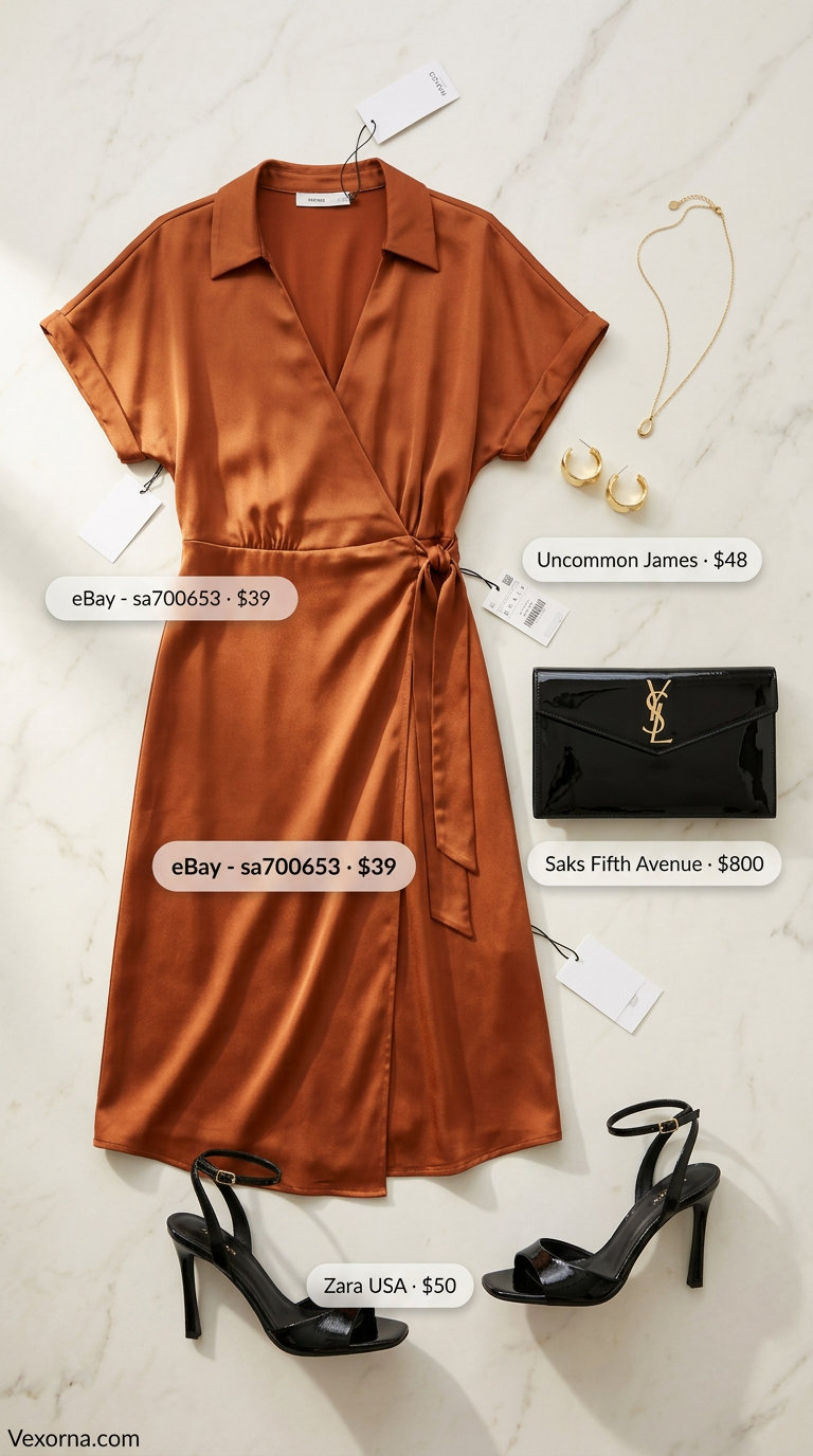 Mango orange wrap dress with gold earrings, perfect waist defining curvy outfit summer 2026 for rooftop dinner.
