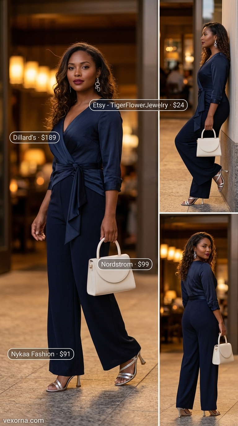 Waist defining curvy outfit summer 2026: Navy jumpsuit with silver sandals & bag for evening out.