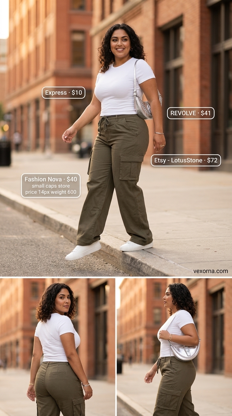 Waist defining curvy outfit summer 2026: Olive cargo pants, white tee, silver bracelet, and sneakers.
