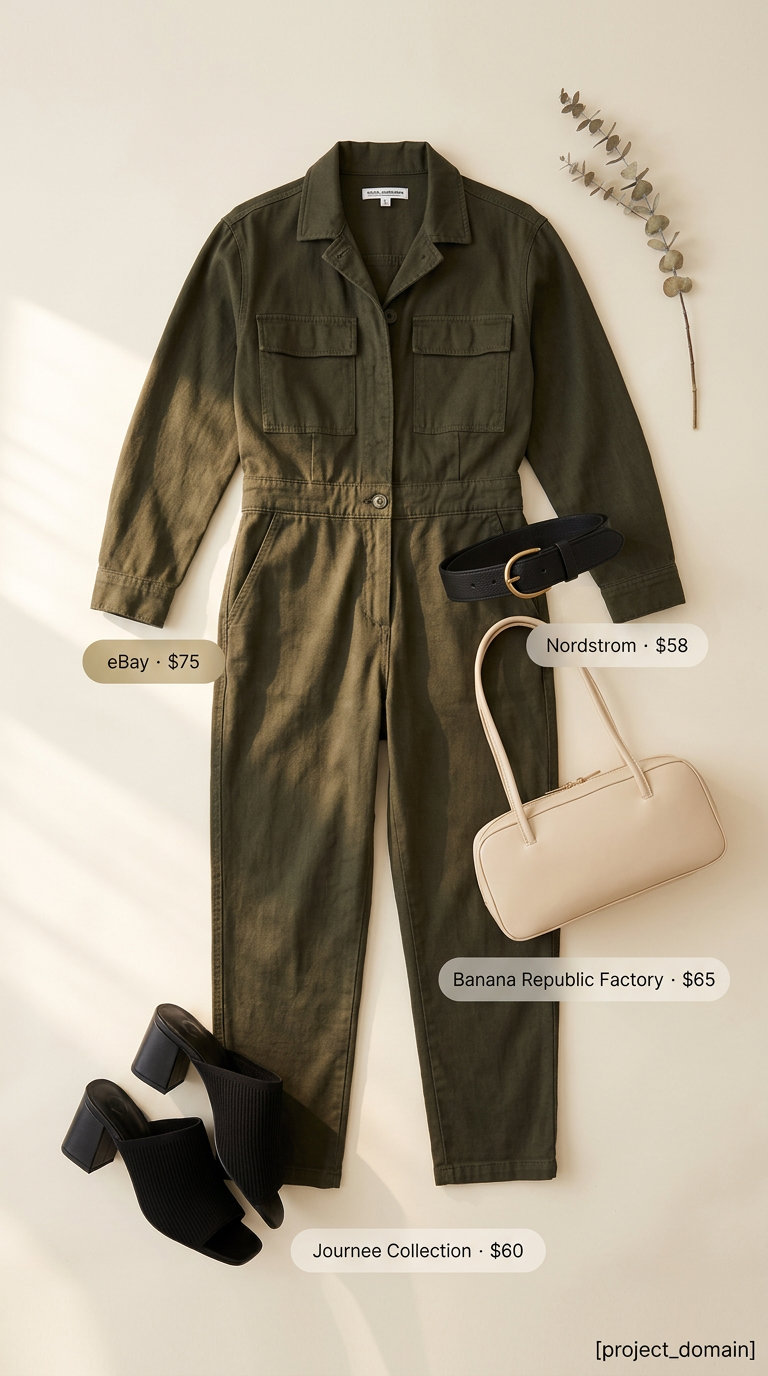 Waist defining curvy outfit summer 2026: Olive utility jumpsuit, black belt, cream bag, and block heel mules.