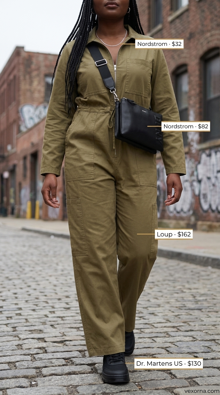 Waist defining curvy outfit summer 2026: Olive utility jumpsuit with drawstring waist & combat boots.